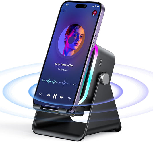 Induction Speaker with Phone Stand 5 in 1 Wireless Induction Bluetooth Audio for Iphone Android Phone Speakers Amplifier with Rechargeable Colorful Light, Birthday Gifts for Men Women Teens (Black)