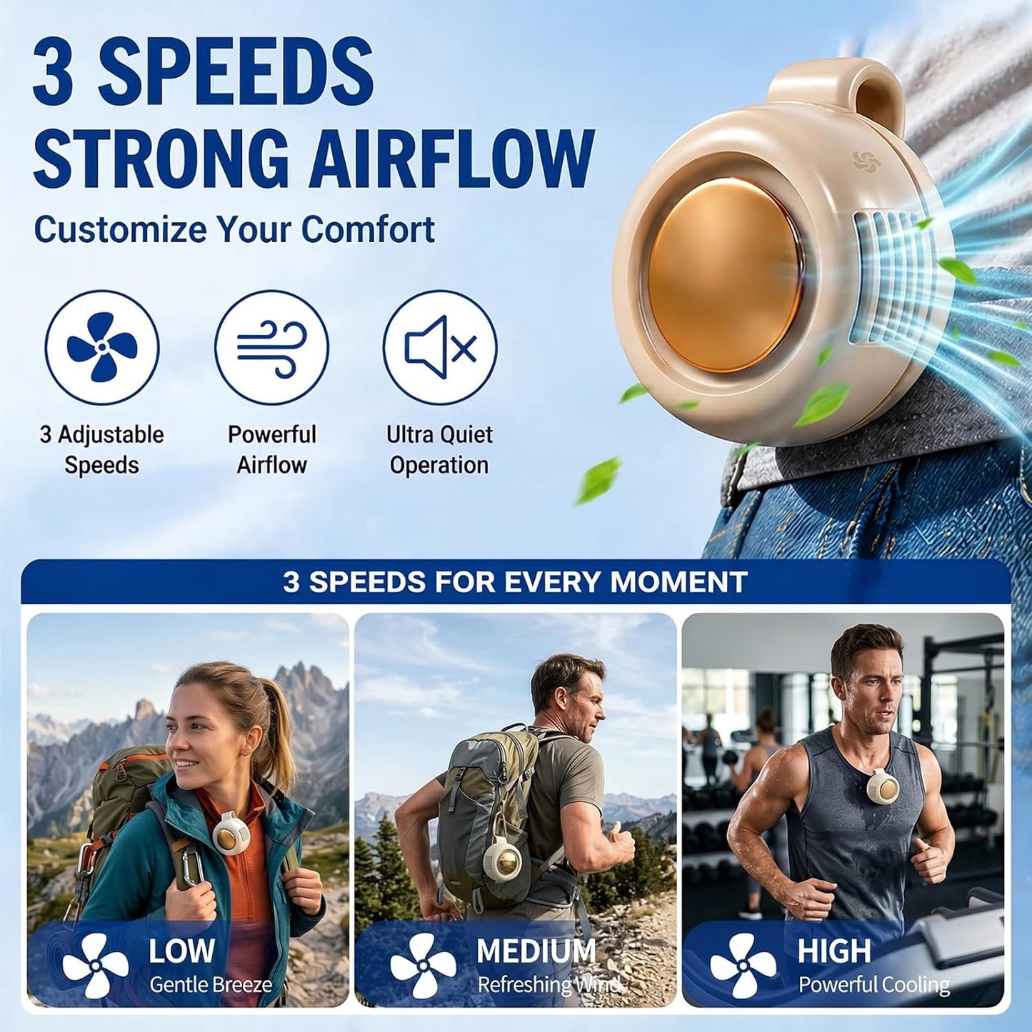 Portable Mini Clip on Fan, Clip-On Bladeless Fan for Shirt with 3 Speeds Mini Portable Fan for Waist Clips Suitable for Outdoor, Office, Travel, Sporting (White)