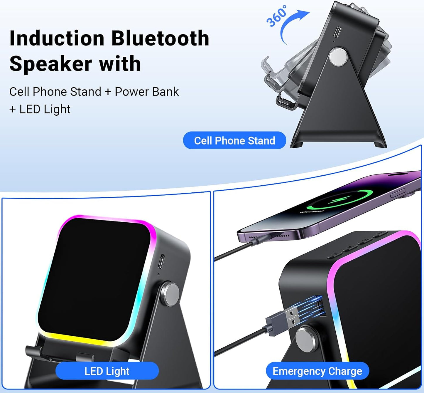 Induction Speaker with Phone Stand 5 in 1 Wireless Induction Bluetooth Audio for Iphone Android Phone Speakers Amplifier with Rechargeable Colorful Light, Birthday Gifts for Men Women Teens (Black)