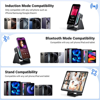 Induction Speaker with Phone Stand 5 in 1 Wireless Induction Bluetooth Audio for Iphone Android Phone Speakers Amplifier with Rechargeable Colorful Light, Birthday Gifts for Men Women Teens (Black)