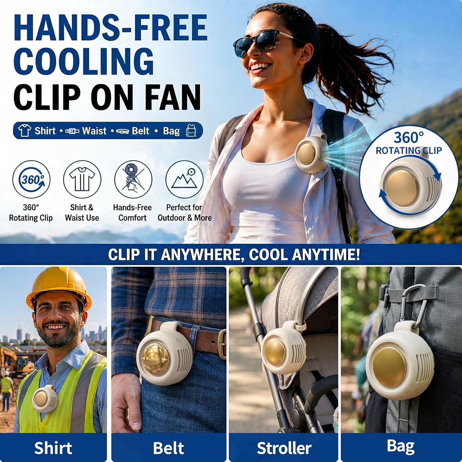 Portable Mini Clip on Fan, Clip-On Bladeless Fan for Shirt with 3 Speeds Mini Portable Fan for Waist Clips Suitable for Outdoor, Office, Travel, Sporting (White)