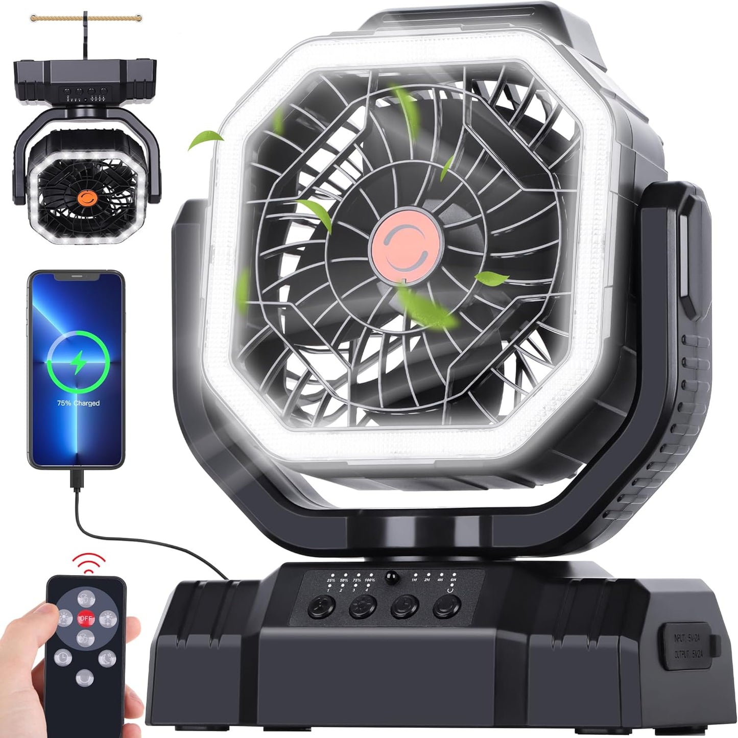 20000Mah High Speed Portable Camping Rechargeable Fan with Remote Control, Battery Powered with Auto Oscillating with Camping Essentials Accessories for Outdoor, Beach, Patio, Tent, Black