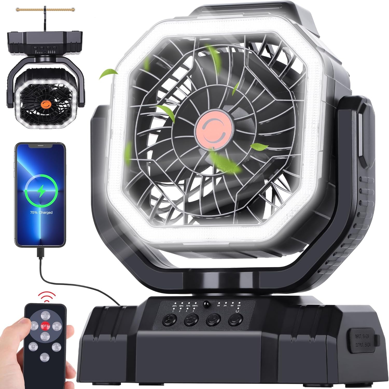 20000Mah High Speed Portable Camping Rechargeable Fan with Remote Control, Battery Powered with Auto Oscillating with Camping Essentials Accessories for Outdoor, Beach, Patio, Tent, Black