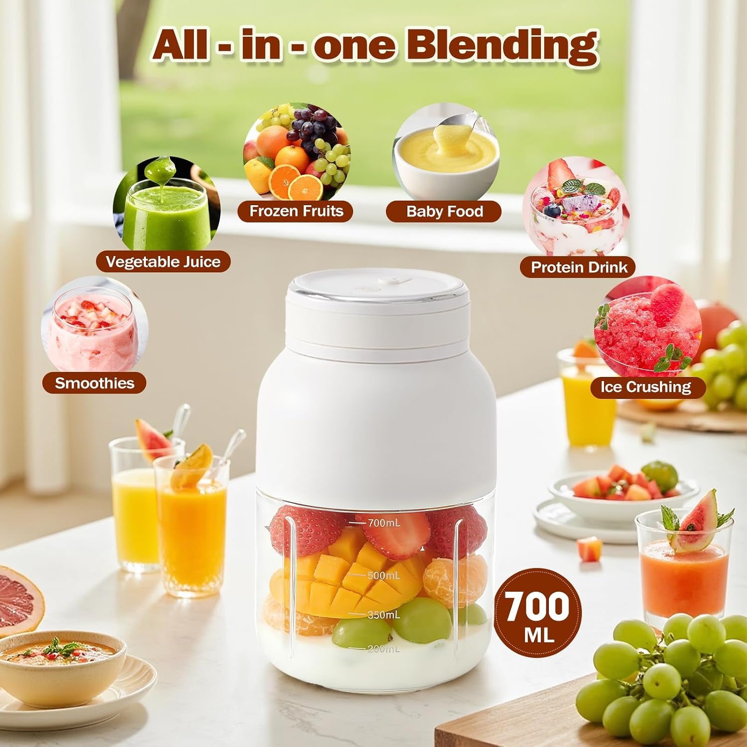 Portable Blender, 700Ml Mini Wireless Personal Cup, USB Rechargeable, Making Smoothies and Shakes, 18 Blades, Powerful Blending Effect, Compact for Kitchen, Office, Travel, Gym Use